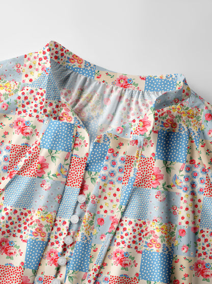 Square Neck Pastel Patc Print Boho Long Sleeve Tie‑Neck Blouse