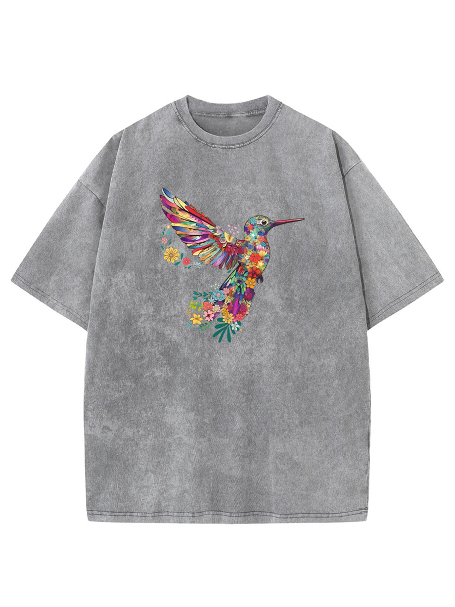 Vintage Floral Hummingbird Washed T-Shirt