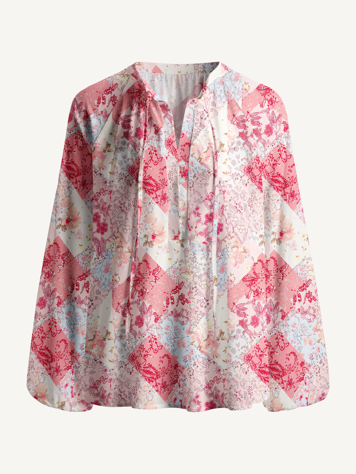 Shabby Chic Floral Patchwork Print Boho Long Sleeve Tie‑Neck Blouse