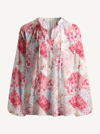 Shabby Chic Floral Patchwork Print Boho Long Sleeve Tie‑Neck Blouse