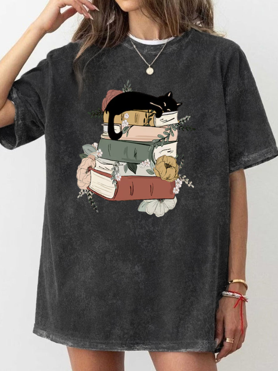 Vintage Cat Book Washed T-Shirt