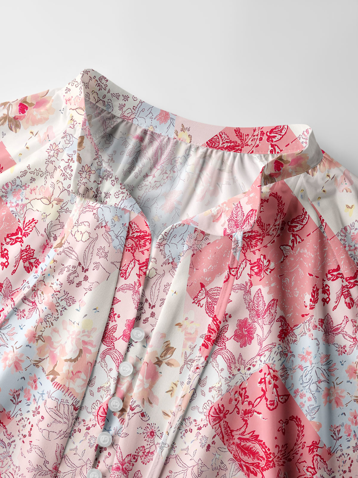 Shabby Chic Floral Patchwork Print Boho Long Sleeve Tie‑Neck Blouse