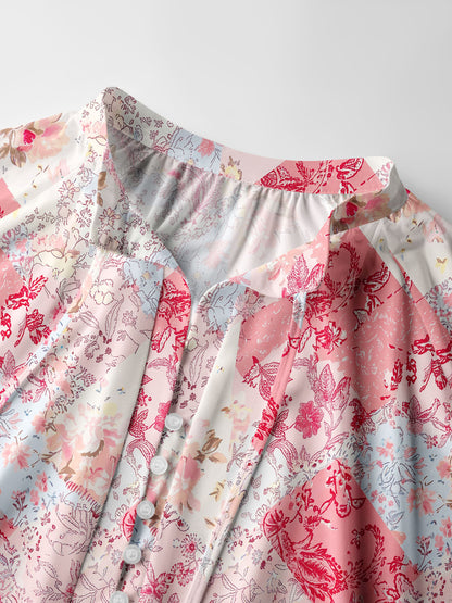 Shabby Chic Floral Patchwork Print Boho Long Sleeve Tie‑Neck Blouse