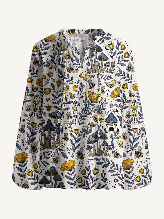Bee Whisper Forest Print Boho Long Sleeve Tie‑Neck Blouse
