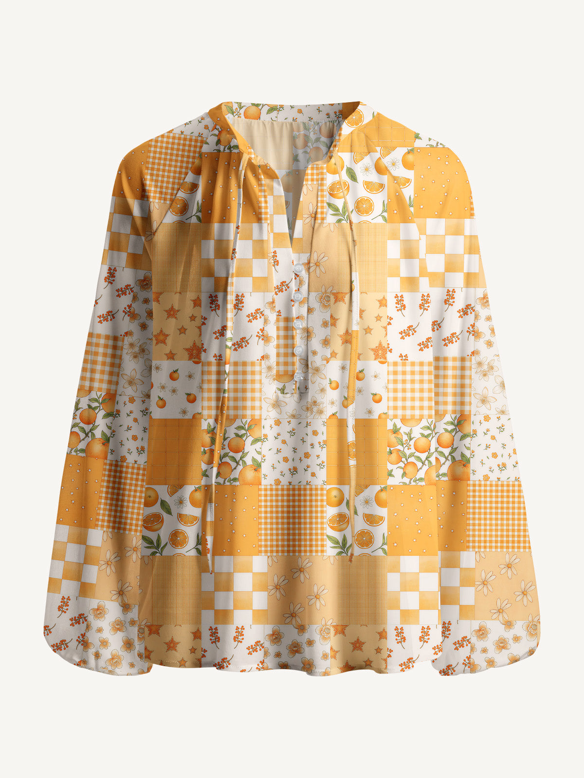 Lemon Sunshine Patchwork Print Boho Long Sleeve Tie‑Neck Blouse