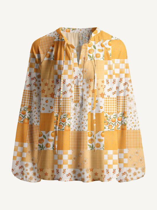 Lemon Sunshine Patchwork Print Boho Long Sleeve Tie‑Neck Blouse