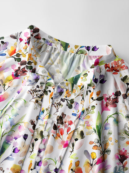 Watercolor Wildflower Print Boho Long Sleeve Tie‑Neck Blouse