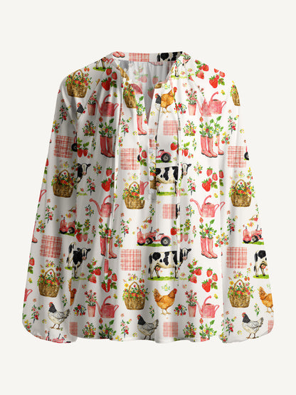 Watercolor Pink Farm Chicken Cow Print Boho Long Sleeve Tie‑Neck Blouse