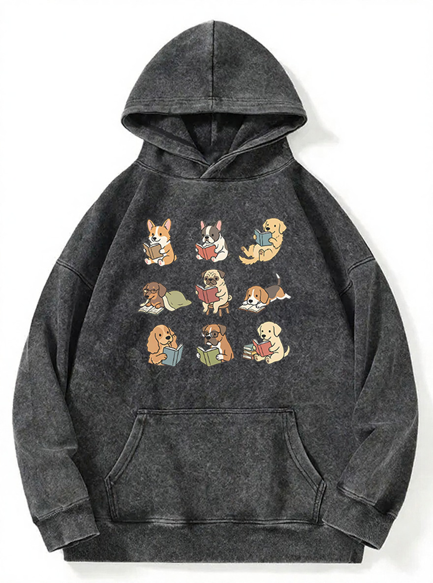 Vintage Funny Dog Reading Washed Hoodie