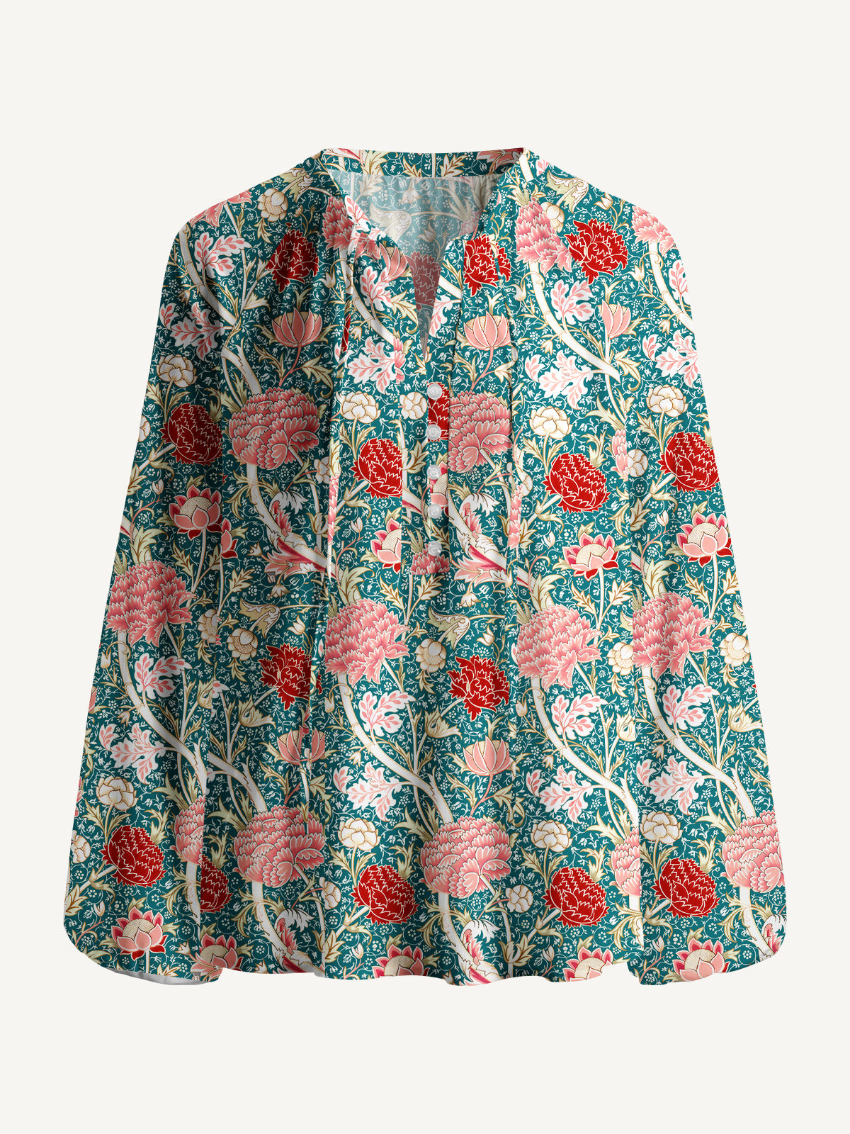 Vintage Peony Lotus Floral Print Boho Long Sleeve Tie‑Neck Blouse