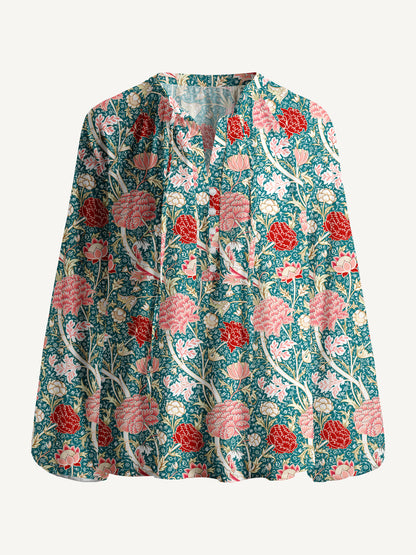 Vintage Peony Lotus Floral Print Boho Long Sleeve Tie‑Neck Blouse