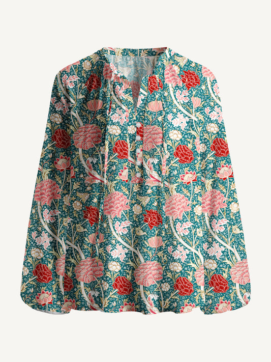 Vintage Peony Lotus Floral Print Boho Long Sleeve Tie‑Neck Blouse