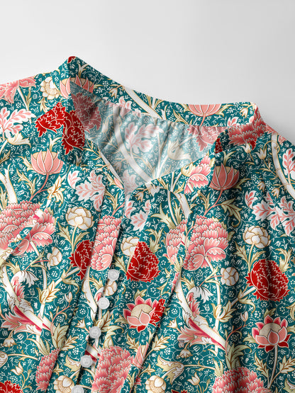 Vintage Peony Lotus Floral Print Boho Long Sleeve Tie‑Neck Blouse