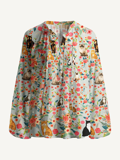 Flower Cat Print Boho Long Sleeve Tie‑Neck Blouse