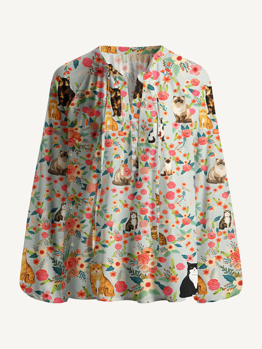 Flower Cat Print Boho Long Sleeve Tie‑Neck Blouse