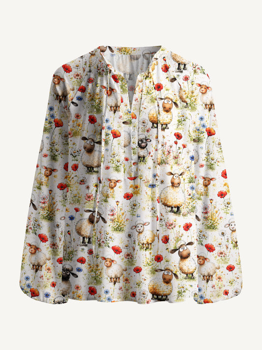 Whimsical Sheep Clipart Print Boho Long Sleeve Tie‑Neck Blouse