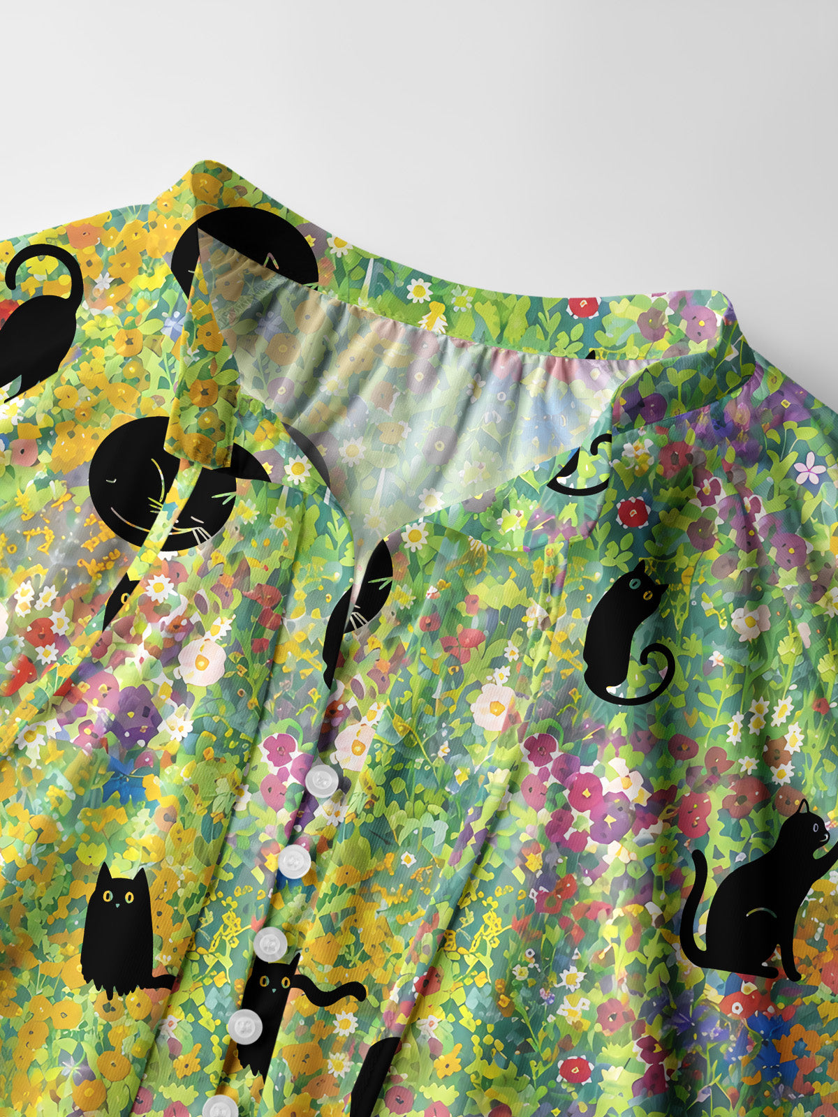 Wildflower Garden Black Cat Print Boho Long Sleeve Tie‑Neck Blouse