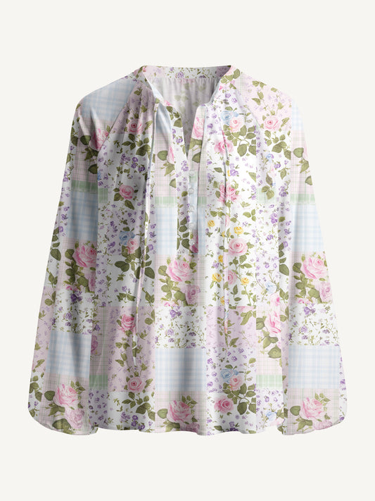 Pastel Rose Patchwok Print Boho Long Sleeve Tie‑Neck Blouse