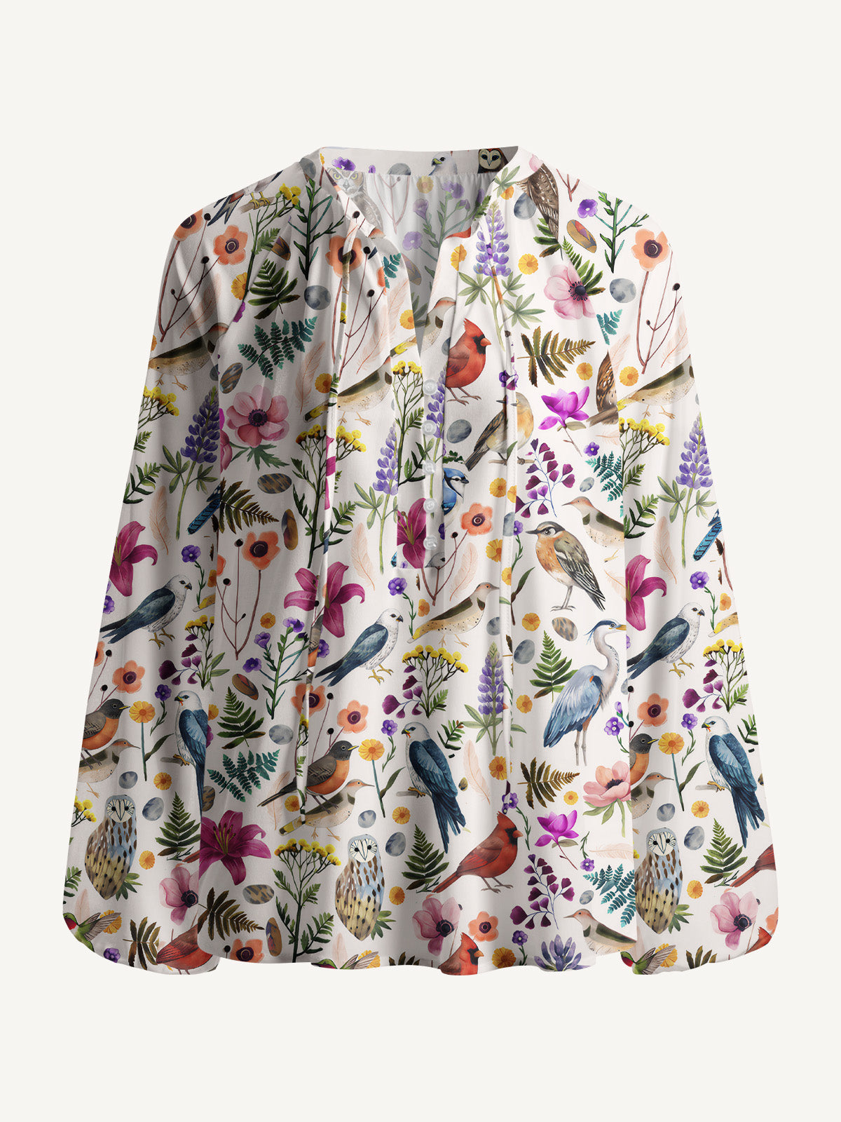 Whimsical Woodland Birds Wildflowers Print Boho Long Sleeve Tie‑Neck Blouse