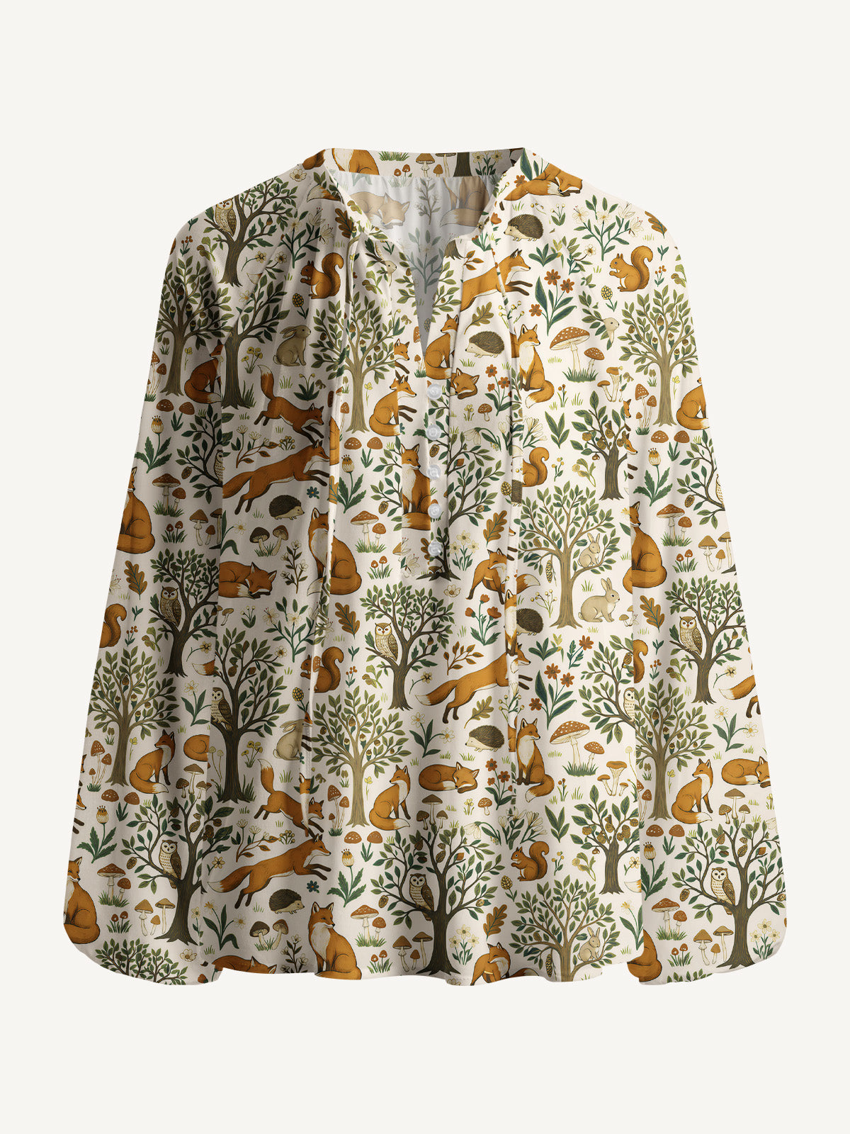 Woodland Creatures Print Boho Long Sleeve Tie‑Neck Blouse