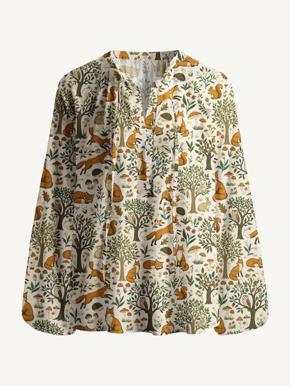Woodland Creatures Print Boho Long Sleeve Tie‑Neck Blouse