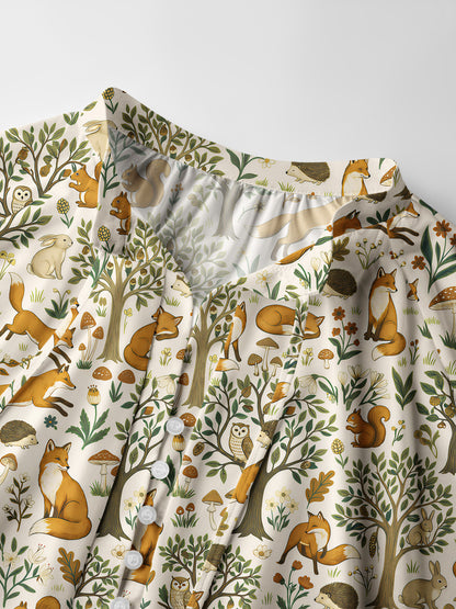 Woodland Creatures Print Boho Long Sleeve Tie‑Neck Blouse