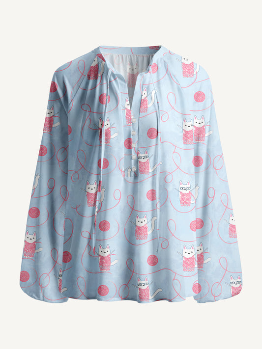 Cozy Yarn Basket Cat Print Boho Long Sleeve Tie‑Neck Blouse