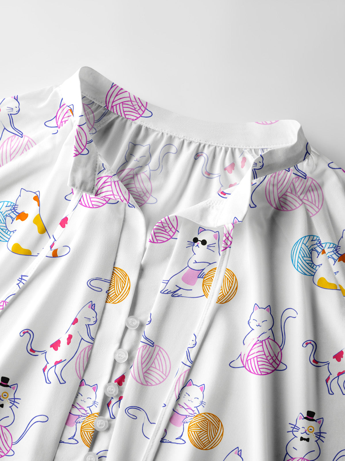 Color Yarn Garden Cat Print Boho Long Sleeve Tie‑Neck Blouse
