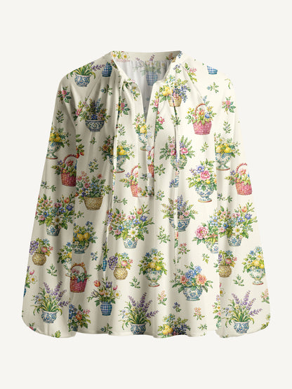 Garden Baskets Print Boho Long Sleeve Tie‑Neck Blouse
