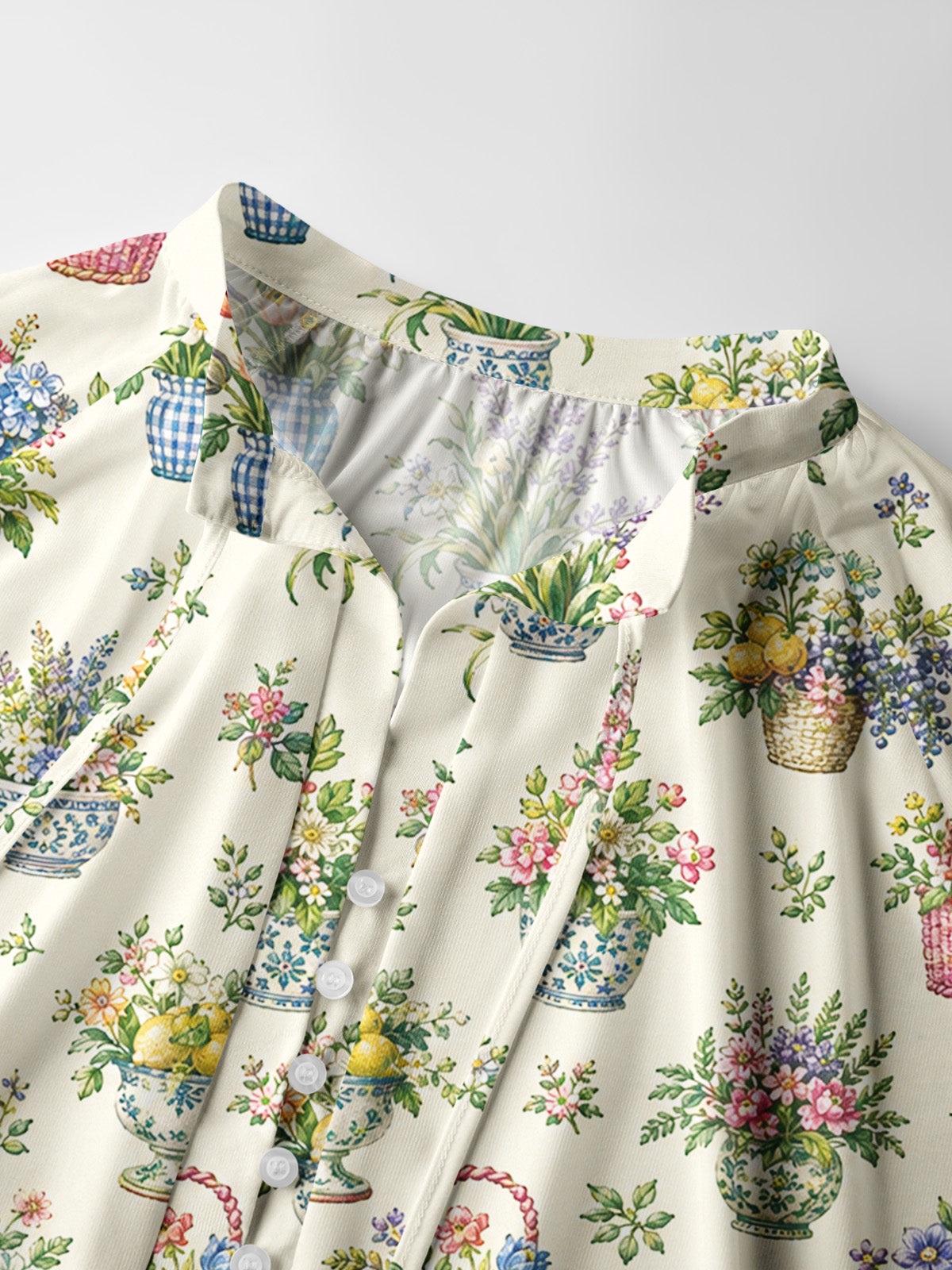 Garden Baskets Print Boho Long Sleeve Tie‑Neck Blouse