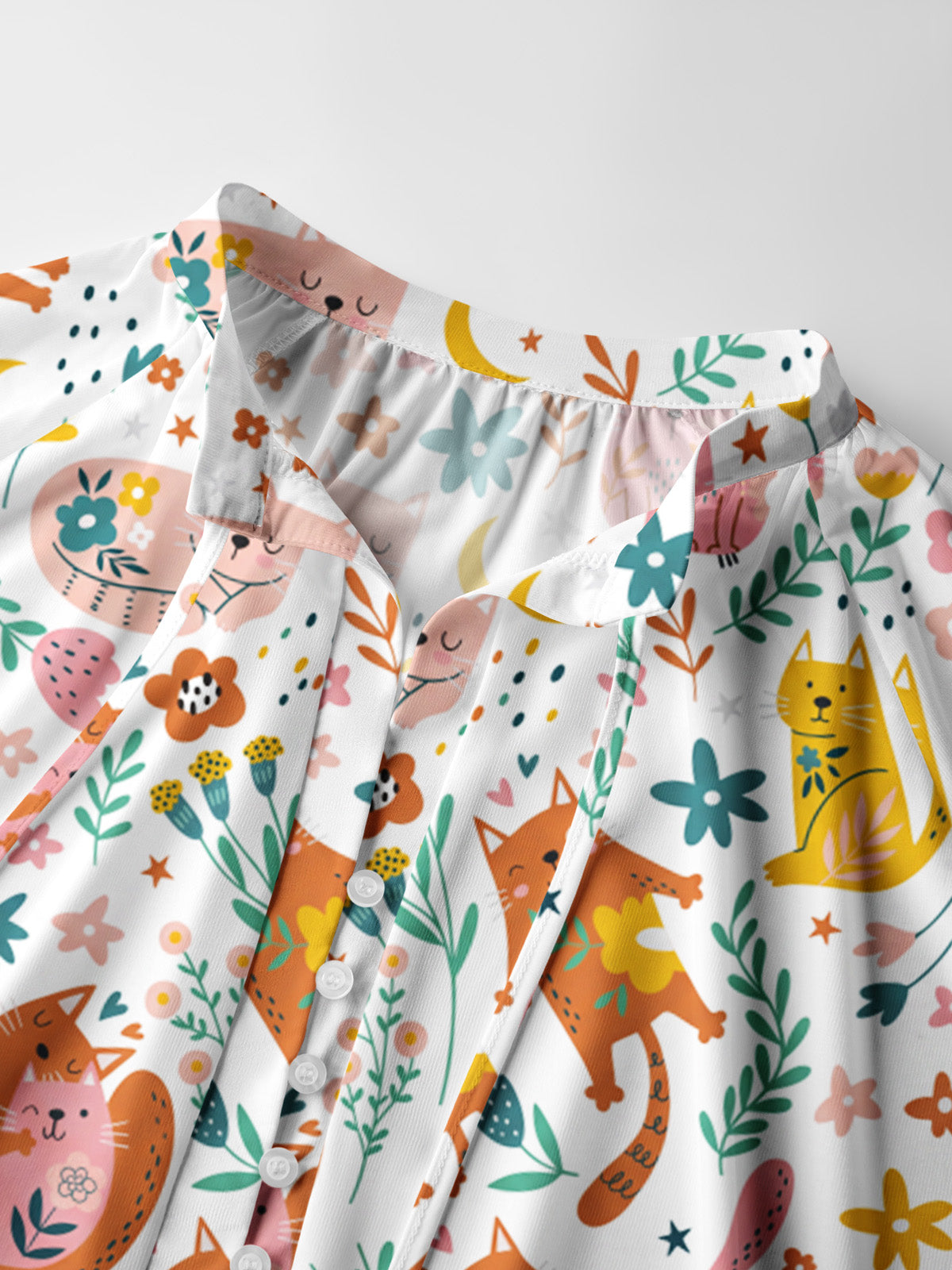 Floral Cozy Cat Print Boho Long Sleeve Tie‑Neck Blouse