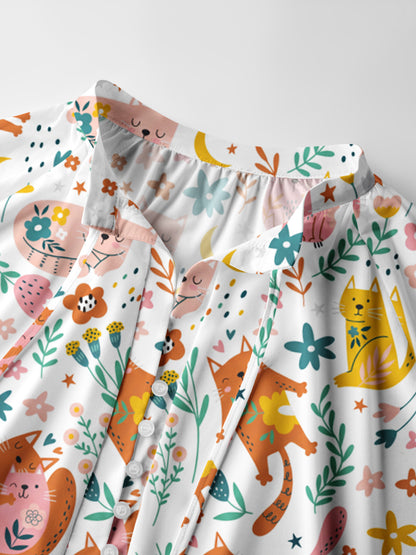Floral Cozy Cat Print Boho Long Sleeve Tie‑Neck Blouse
