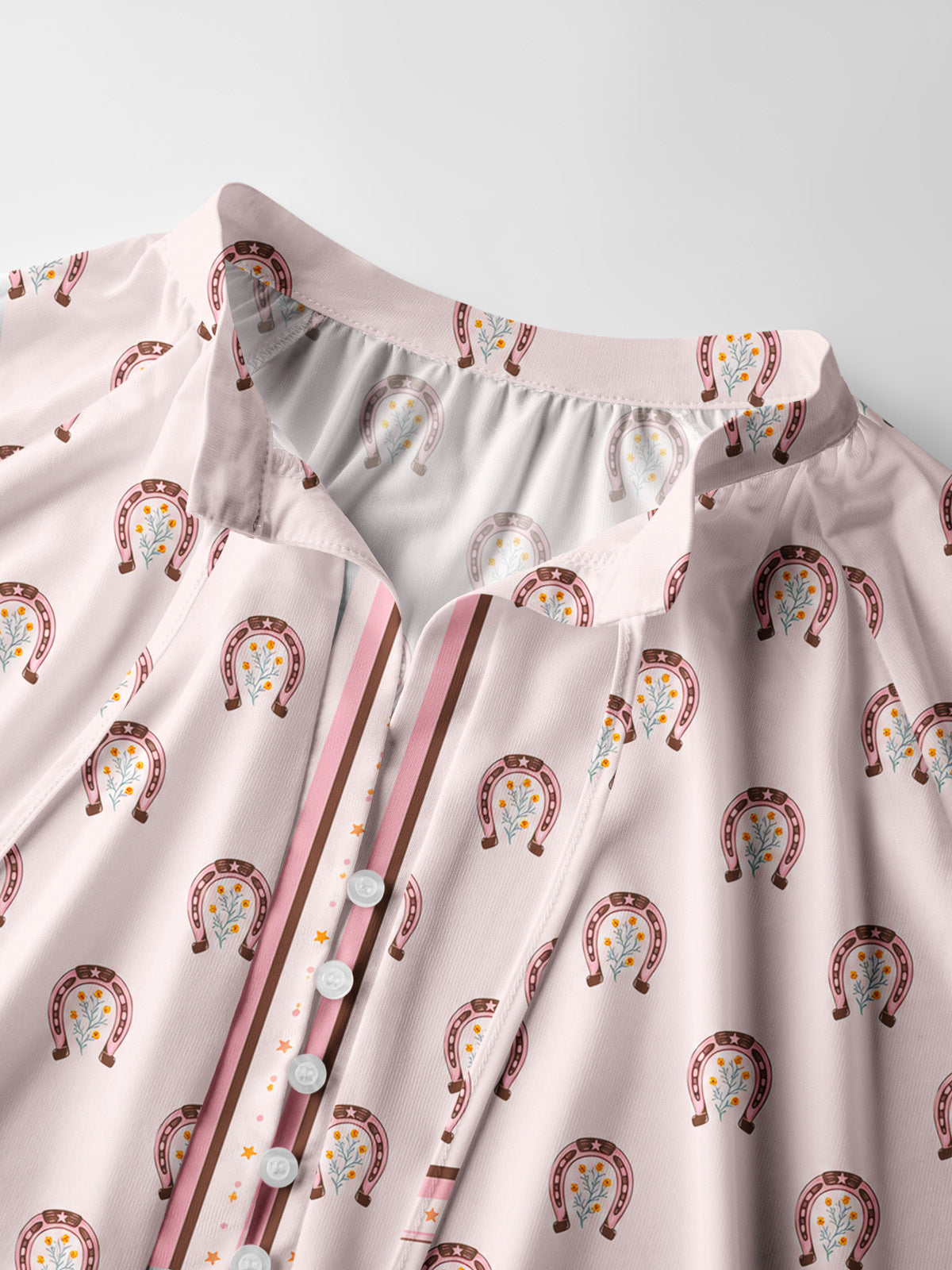 Blush Lucky Horseshoe Print Boho Long Sleeve Tie‑Neck Blouse