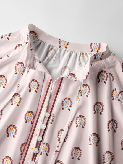 Blush Lucky Horseshoe Print Boho Long Sleeve Tie‑Neck Blouse