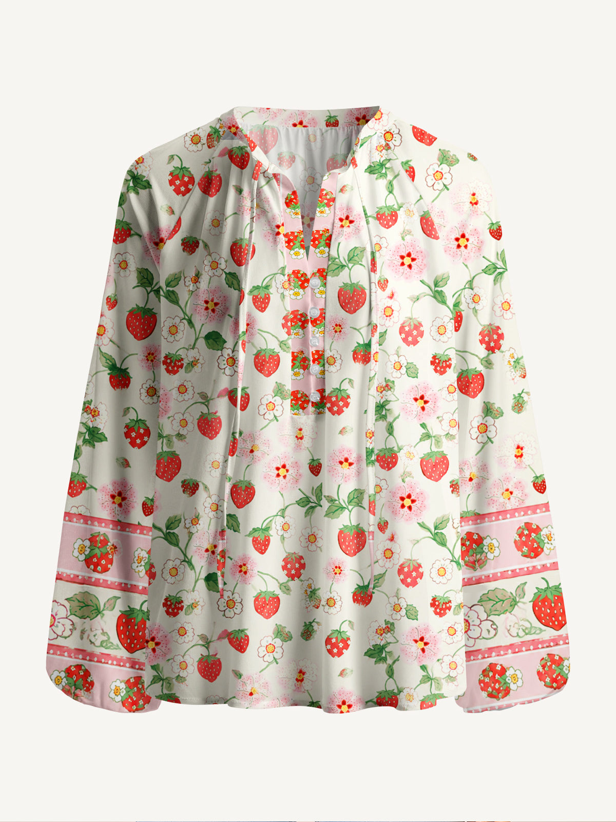 Strawberry Meadow Print Boho Long Sleeve Tie‑Neck Blouse