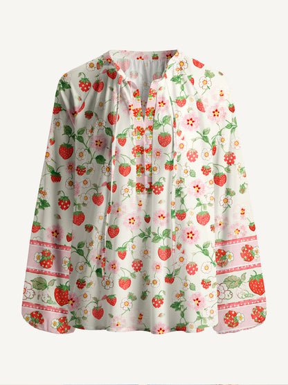 Strawberry Meadow Print Boho Long Sleeve Tie‑Neck Blouse