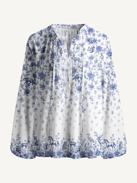 Delft Blue Woodland Story Print Boho Long Sleeve Tie‑Neck Blouse