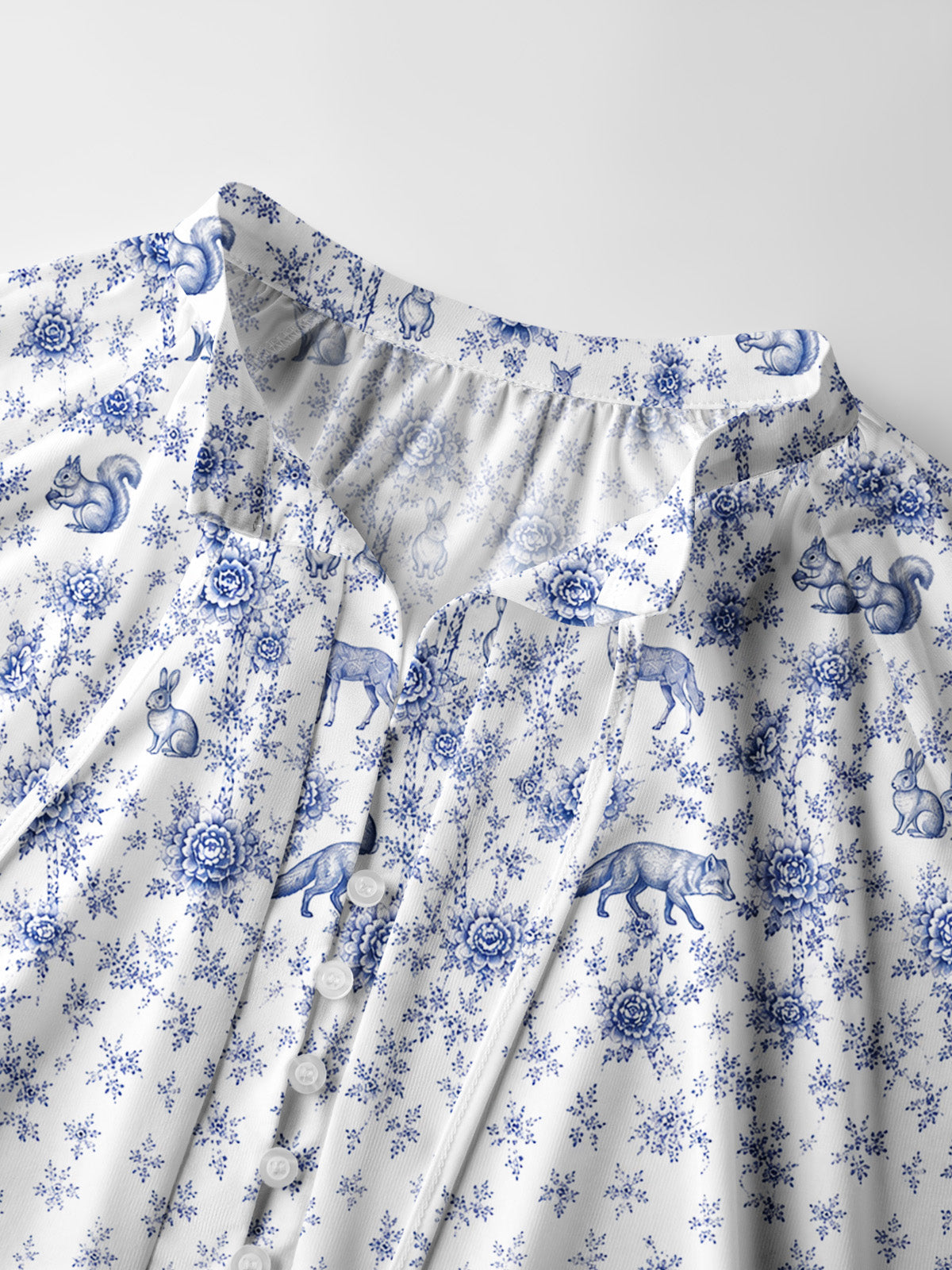 Delft Blue Woodland Story Print Boho Long Sleeve Tie‑Neck Blouse