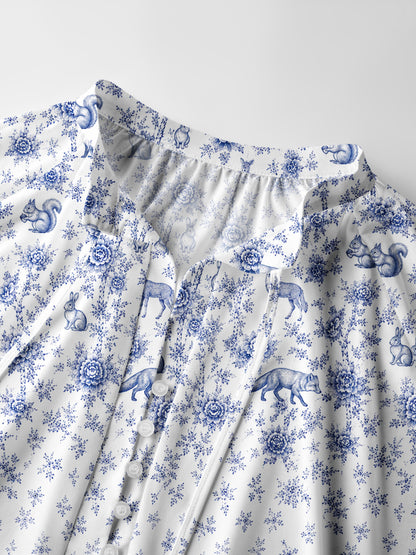 Delft Blue Woodland Story Print Boho Long Sleeve Tie‑Neck Blouse