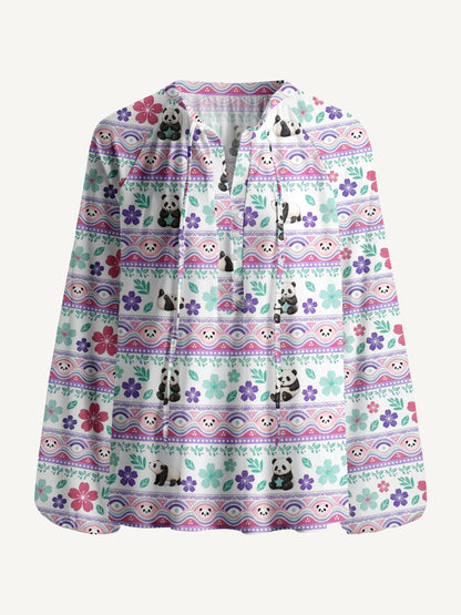 Panda Carnival Print Boho Long Sleeve Tie‑Neck Blouse
