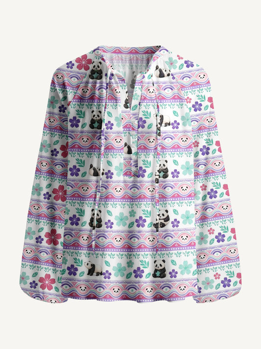 Panda Carnival Print Boho Long Sleeve Tie‑Neck Blouse
