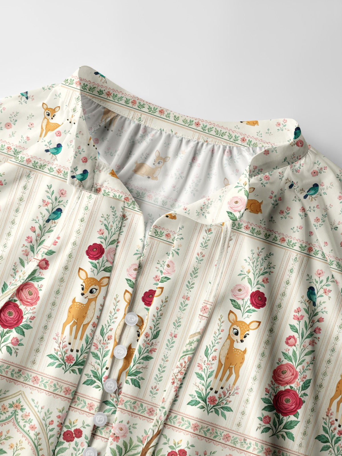 Cream Garden Fawn Forest Print Boho Long Sleeve Tie‑Neck Blouse