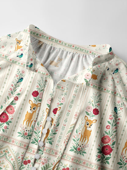 Cream Garden Fawn Forest Print Boho Long Sleeve Tie‑Neck Blouse