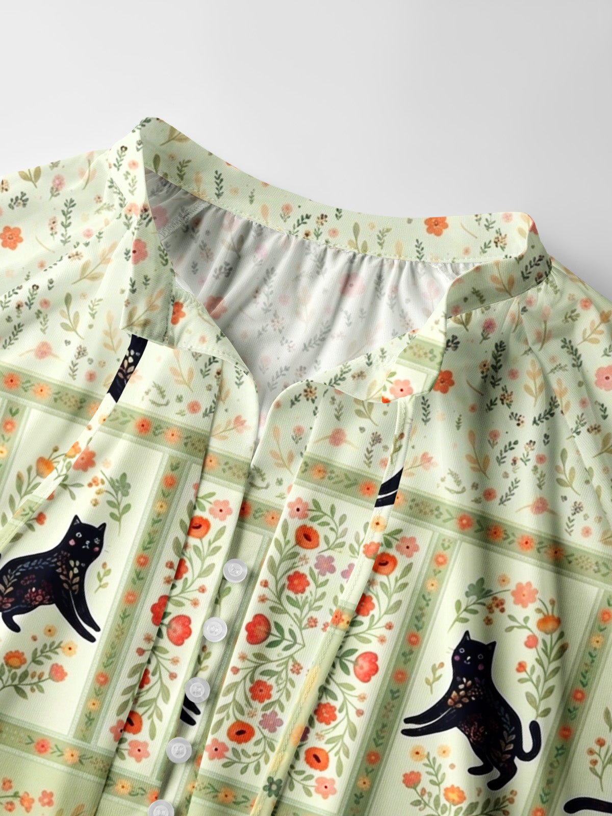 Cream Garden Black Cat Print Boho Long Sleeve Tie‑Neck Blouse