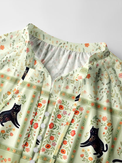 Cream Garden Black Cat Print Boho Long Sleeve Tie‑Neck Blouse