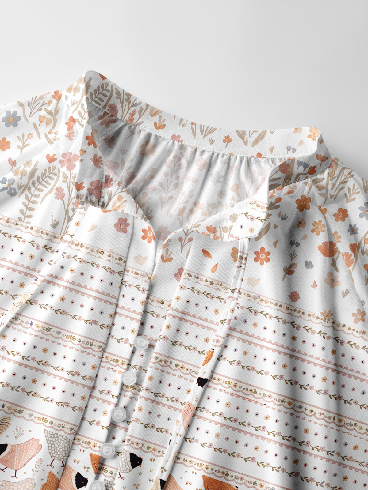 Warm Garden Little Chick Print Boho Long Sleeve Tie‑Neck Blouse