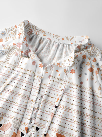 Warm Garden Little Chick Print Boho Long Sleeve Tie‑Neck Blouse