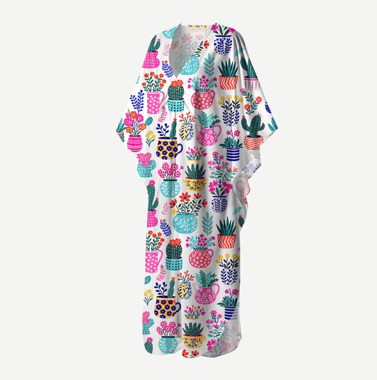 Cactus and Flowers Kimono Sleeve Kaftan Dress