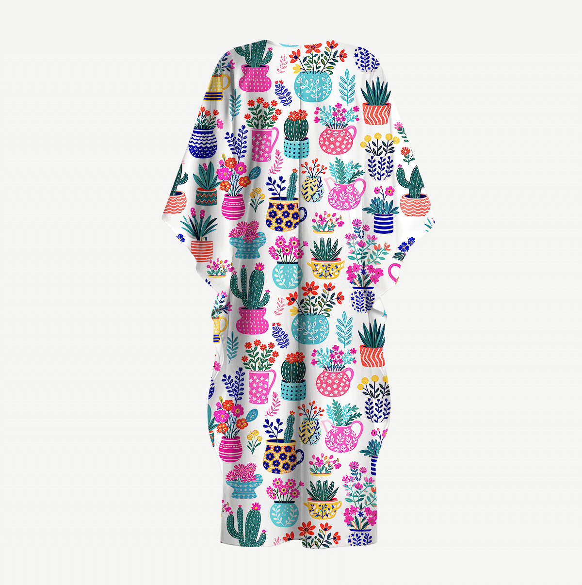 Cactus and Flowers Kimono Sleeve Kaftan Dress