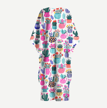 Cactus and Flowers Kimono Sleeve Kaftan Dress